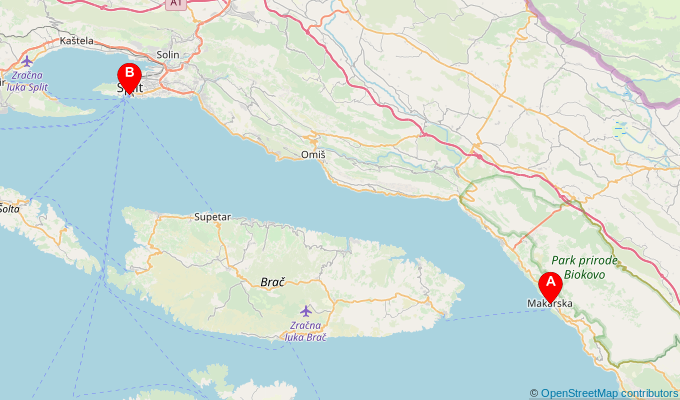 Map of ferry route between Makarska and Split